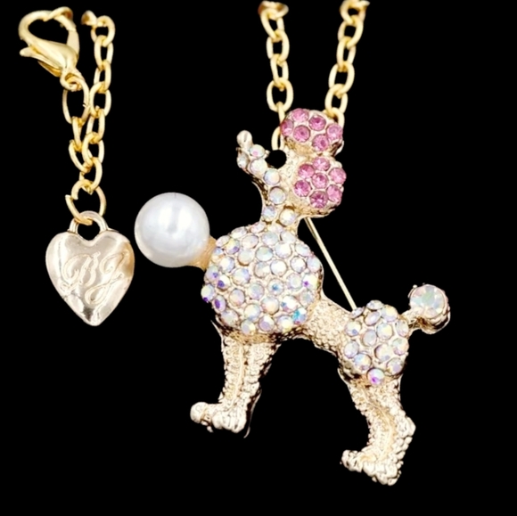 Gold plated pink and white crystal pearl poodle necklace/brooch - Picture 8 of 12